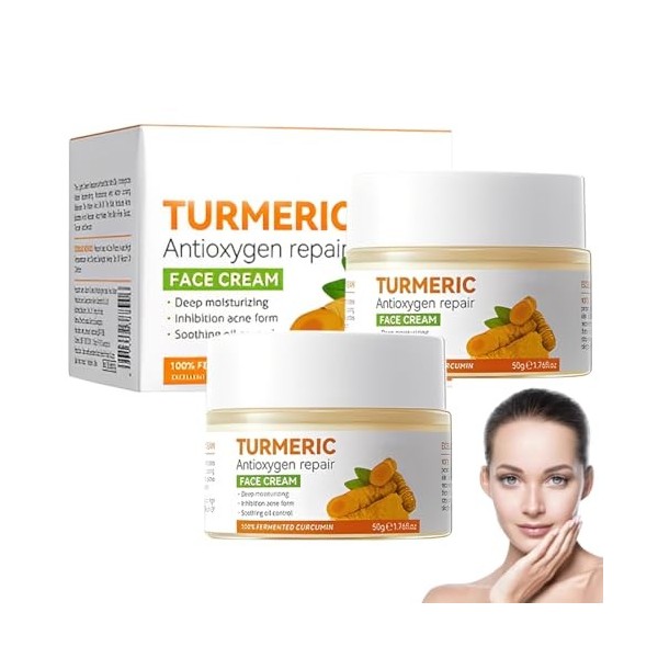 NHPY 2 Pièces Crème Éclaircissant Curcuma Visage, Hydratante, Anti-Rides, Crème Anti-âge Curcuma, Crème Réparatrice Visage, 5