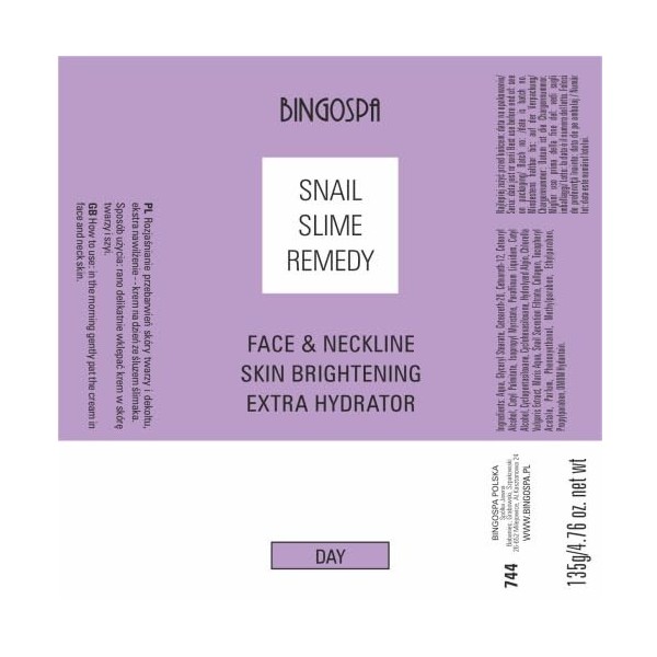 BingoSpa Crème de jour éclaircissante de lhyperpigmentation du visage, du cou et du décolleté à la bave descargot 135 g.