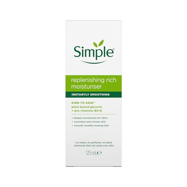 Simple Kind to Skin Replenishing UK’s 1 facial skin care brand* Rich Moisturiser for 12-hour moisturisation 125 ml
