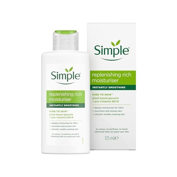 Simple Kind to Skin Replenishing UK’s 1 facial skin care brand* Rich Moisturiser for 12-hour moisturisation 125 ml