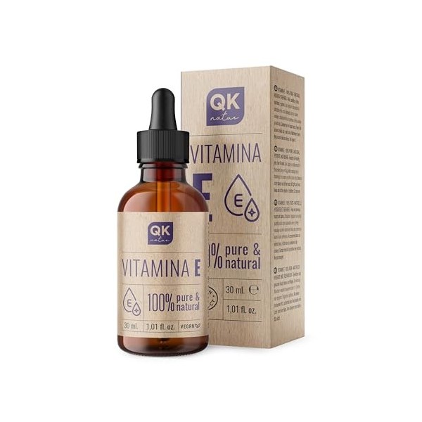 QKnatur - Vitamine E Liquide Pure Tocophérol 30 ml - Naturel - Antioxydant et Anti-âge pour le Visage, la Peau, les Cheveux