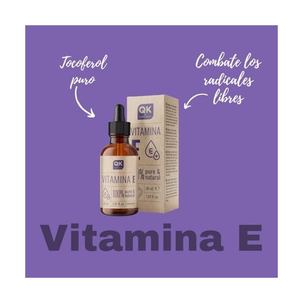 QKnatur - Vitamine E Liquide Pure Tocophérol 30 ml - Naturel - Antioxydant et Anti-âge pour le Visage, la Peau, les Cheveux