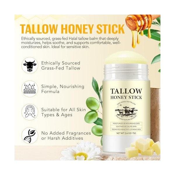 Tallow Creme – 100 % sébum nourri à lherbe + miel sauvage brut | Crème au bœuf Tallow Tallow Naturals | Crème au miel de bœu