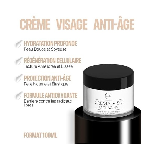 Creme Hydratante Visage 100 ml, Creme Anti Rides Femme et Homme avec Acide Hyaluronique, Coenzyme Q10, Vitamine C Jour et Nui