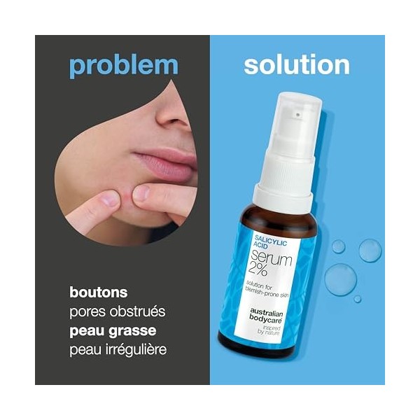 Sérum à l’acide salicylique 2 % pour peau grasse, pores dilatés et boutons – avec Zinc PCA, thé vert, acide hyaluronique et g...