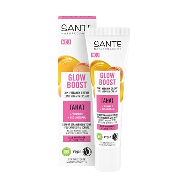 SANTE Naturkosmetik Glow Boost - Crème de jour 3 en 1 nourrissante avec AHA, vitamine F et huile de jojoba bio - Soin hydrata