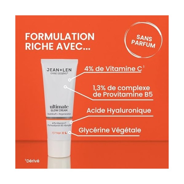 Jean & Len Ultimate Glow Cream, idéal pour tous les types de peau, assure un grain de peau éclatant, avec dérivé de vitamine 