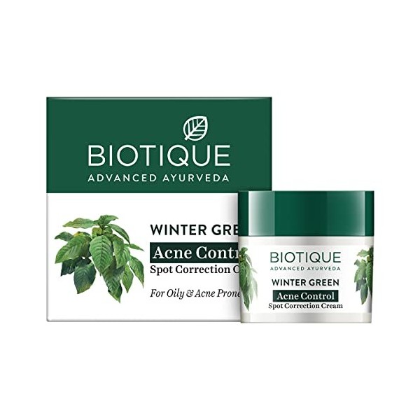 Biotique - Crème correctrice Bio Winter Green pour les boutons dacné, pour peaux grasses et à tendance acnéique, 15 g