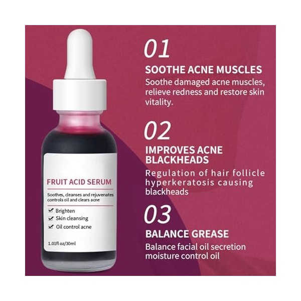 Acides De Fruits Pour La Peau - 30 Ml De Liquide D Avec Minimiseur À Pores | Huile De Soins De La Peau Éclaircissant Le Séru