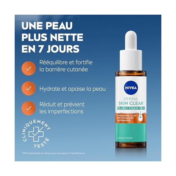 NIVEA Derma Skin Clear Sérum Purifiant et Apaisant 1 x 30 ml - Sérum visage à lAcide Hyaluronique, Provitamine B5 & Niacin Cr...
