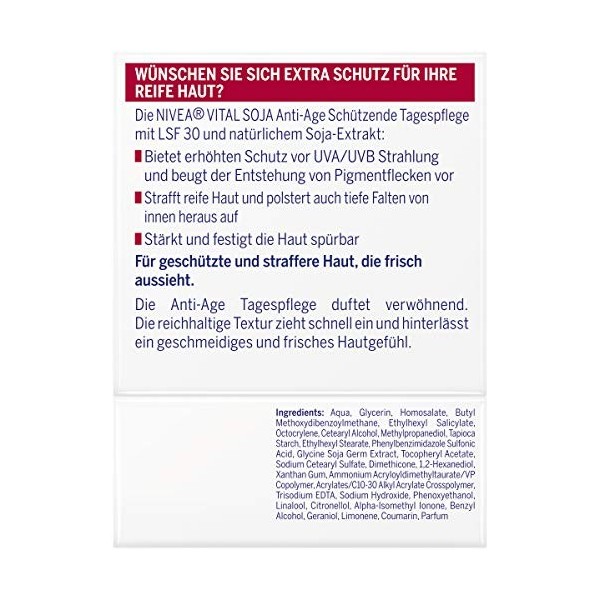 NIVEA VITAL Soja Protection de jour SPF 30 50 ml , formule raffermissante à lextrait de soja naturel, hydratant avec haute 