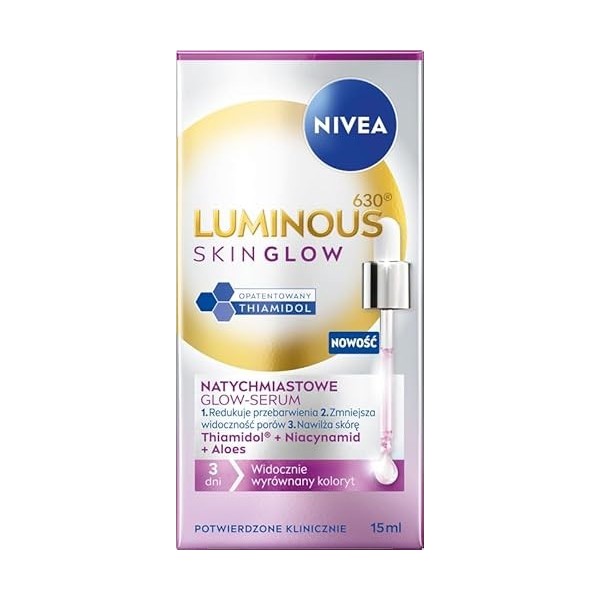 NIVEA Luminous630 Skin Glow Sérum éclaircissant pour le teint du visage avec niacinamide, thiamidol et aloe vera, 15 ml