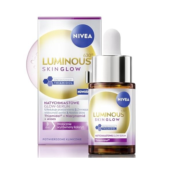 NIVEA Luminous630 Skin Glow Sérum éclaircissant pour le teint du visage avec niacinamide, thiamidol et aloe vera, 15 ml