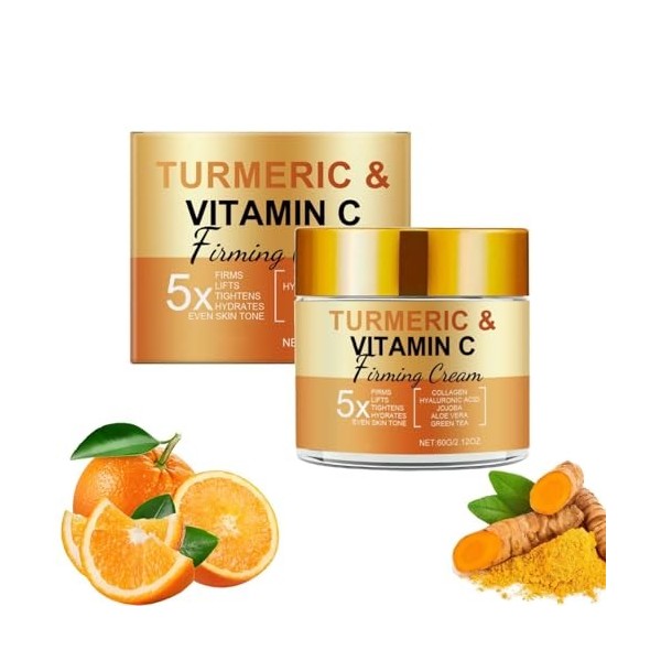Crème Visage Au Curcuma et à La Vitamine C,Cremes Eclaircissante Hydratante Anti Tache Visage,Crème Hydratante Au Collagène P...
