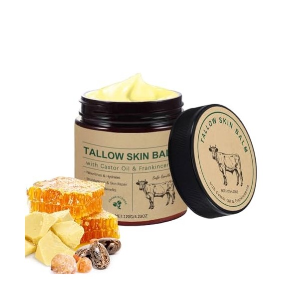 Beef Tallow Crème bio,Beef Tallow for Skin,Baume au Miel,Suif de Bœuf Biologique Naturel Nourri à lherbe,Crème Hydratante Na