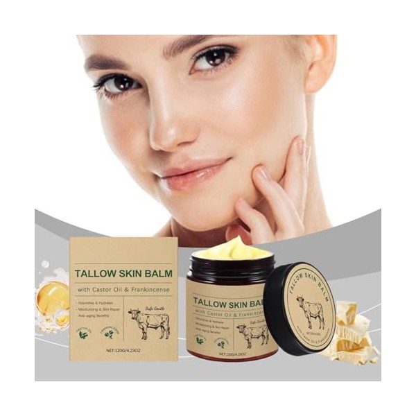 Beef Tallow Crème bio,Beef Tallow for Skin,Baume au Miel,Suif de Bœuf Biologique Naturel Nourri à lherbe,Crème Hydratante Na