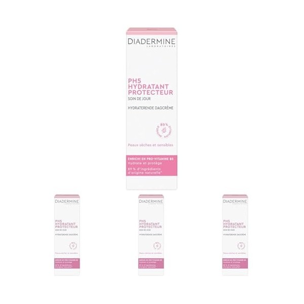 Diadermine Soin de jour hydratant PH5, peaux sèches et sensibles - Le tube de 50ml Lot de 4 Crème Jour et Nuit