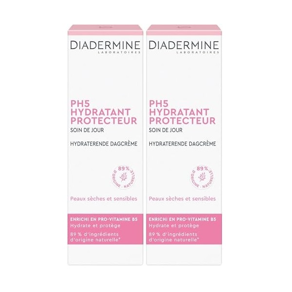 Diadermine Soin de jour hydratant PH5, peaux sèches et sensibles - Le tube de 50ml Lot de 4 Crème Jour et Nuit