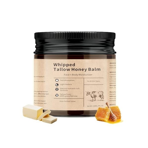 Beef Tallow Skincare - Crème bio pour le visage - Nourrie à lherbe - Avec cire dabeille - Soin en profondeur pour les peaux