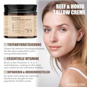 Beef Tallow Skincare - Crème bio pour le visage - Nourrie à lherbe - Avec cire dabeille - Soin en profondeur pour les peaux