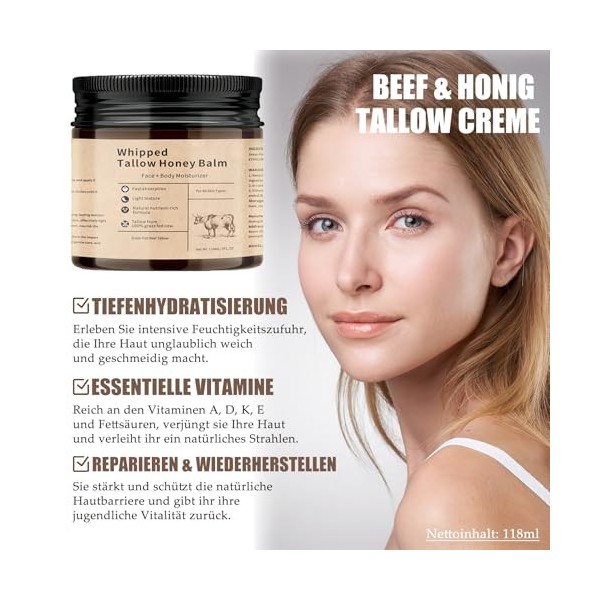 Beef Tallow Skincare - Crème bio pour le visage - Nourrie à lherbe - Avec cire dabeille - Soin en profondeur pour les peaux