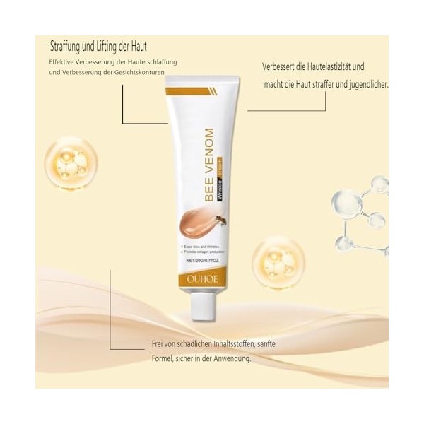 Enrichie en extrait de venin dabeille, cette crème anti-rides hydrate la peau en profondeur et améliore ainsi efficacement l