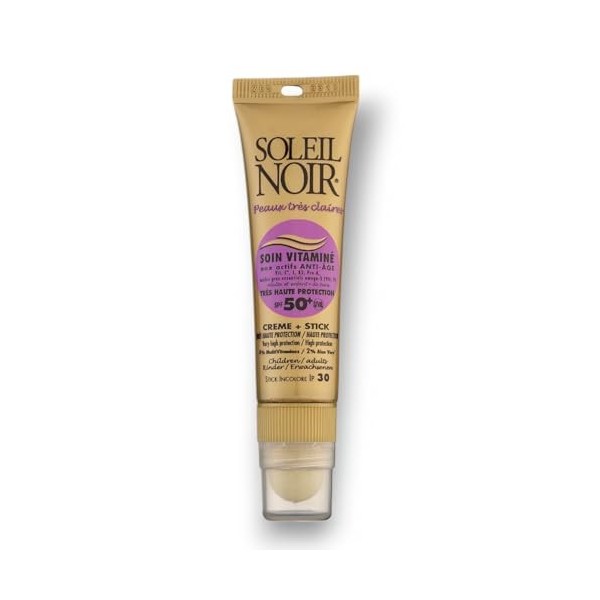 Soleil Noir - Combi 2-en-1, Crème Solaire Enfants SPF 50+ Très Haute Protection UVA et UVB 20 ml + 1 Stick à Lèvres SPF 30 C...