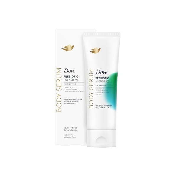 Dove Sérum Corps Hydratant Prebiotic Sensitive, Pour Peau Sèche et Sensible, 72H dHydratation, Peau Élastique et Lumineuse, 