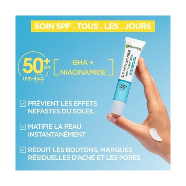 GARNIER SkinActive - Fluide Anti-UV Matifiant & Anti-Imperfections Quotidien - SPF 50+ - Protège & Réduit les Imperfections -...