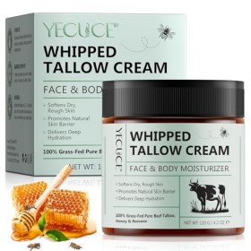 Crème de soin de la peau au suif de bœuf – Crème de suif fouettée pour le visage et le corps, 120 g, 100 % nourrie à lherbe,