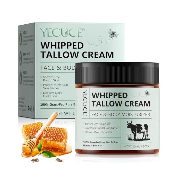 Crème de soin de la peau au suif de bœuf – Crème de suif fouettée pour le visage et le corps, 120 g, 100 % nourrie à lherbe,