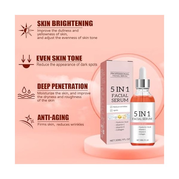Sérum aux vitamines pour la peau Finones, sérum pour le visage à la vitamine C 5-en-1 avec acide hyaluronique, hydratation an...