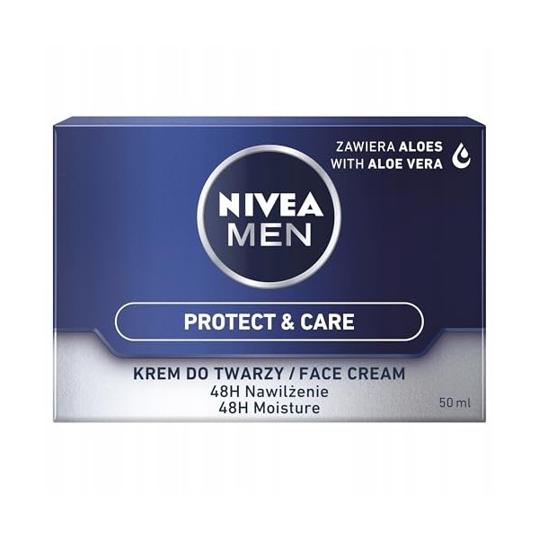 NIVEA Men Crème Hydratante Protect & Care pour Visage avec Aloe Vera, 48H Hydratation, 50ml, Sans Alcool, Pour Peau Sensible
