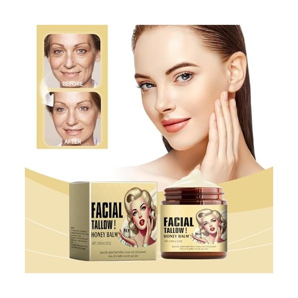 Tkekruh Beef Tallow Honey Balm 120g, Baume Au Beurre De Bœuf Fouetté Et Au Miel Crème Au Tallow, Hydratant Au Suif De Bœuf Au