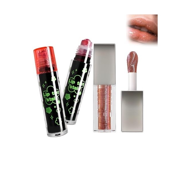 Rouge à lèvres 2pc, rouge à lèvres Rollerball + flash fin, glaçage collant, brillant, nacré miroir, maquillage longue durée,