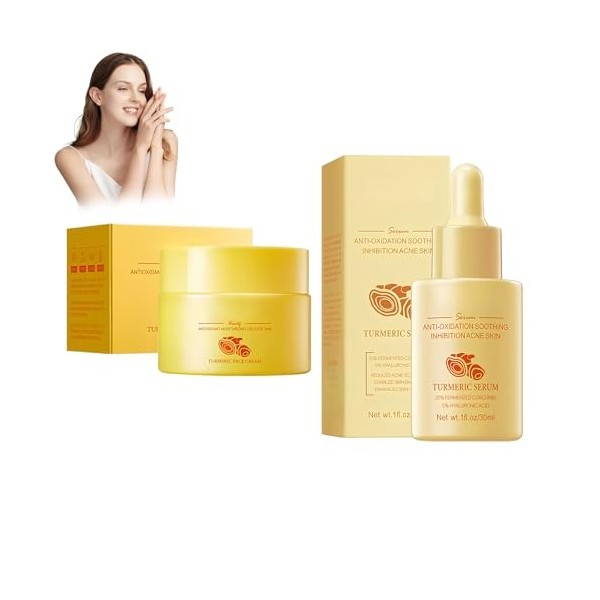 Hppsctink 30ml Essence de curcuma et 60g Crème pour le visage au curcuma, Nourrissant et légèrement hydratant, Crème éclairci