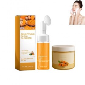 Hppsctink 100ml Crème nettoyante au curcuma et 30pcs Lingettes exfoliantes nettoyantes au curcuma, Nettoie la peau du visage 