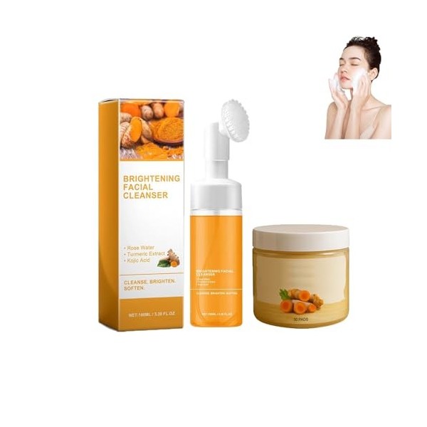 Hppsctink 100ml Crème nettoyante au curcuma et 30pcs Lingettes exfoliantes nettoyantes au curcuma, Nettoie la peau du visage 