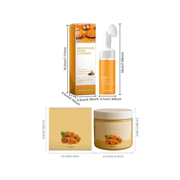 Hppsctink 100ml Crème nettoyante au curcuma et 30pcs Lingettes exfoliantes nettoyantes au curcuma, Nettoie la peau du visage 
