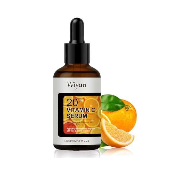 Vitamine C Serum Visage,50ml Sérum Vitamine C,Sérum Éclat Antioxydant avec Acide Hyaluronique,Vitamine E,Anti-Imperfections,C