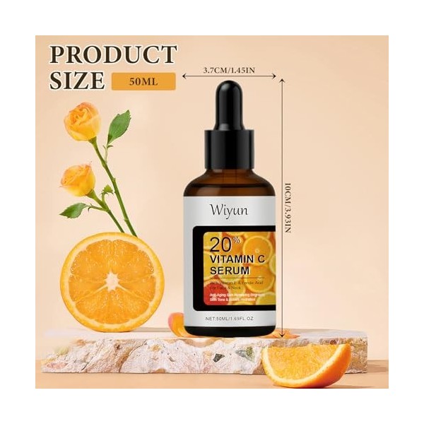 Vitamine C Serum Visage,50ml Sérum Vitamine C,Sérum Éclat Antioxydant avec Acide Hyaluronique,Vitamine E,Anti-Imperfections,C