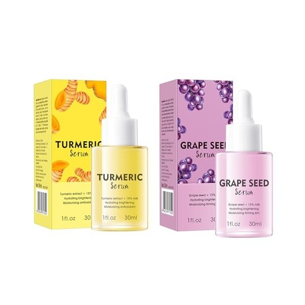 Sérum Visage Curcuma + Sérum Pépins De Raisin – Soin Hydratant Et éclat Pour Peau Lisse, Taches Brunes & Teint Radieux – 30ml