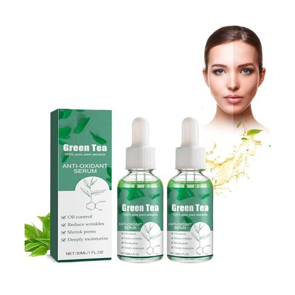 Lot de 2 sérums de soin de la peau à lessence de thé vert - Hydratant les pores - Soin de nuit et réparateur - Pour tous les