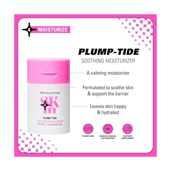 Revolution SKin, Plump-Tide Soothing Moisturiser, Crema Viso Calmante con Peptidi e Acido Ialuronico, Vegana e Cruelty-Free, ...
