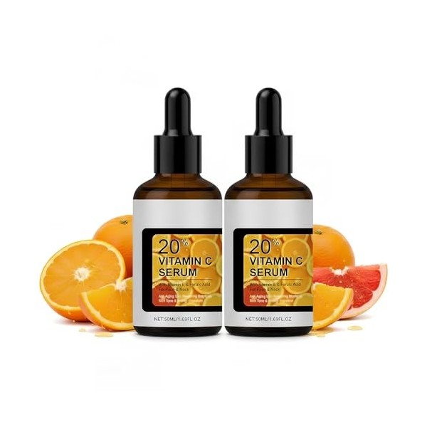 2 Pièces Sérum à la Vitamine C pour le Visage, avec Acide Férulique et Vitamine E, Hydratant et Éclaircissant, 50ml Sérum Ant