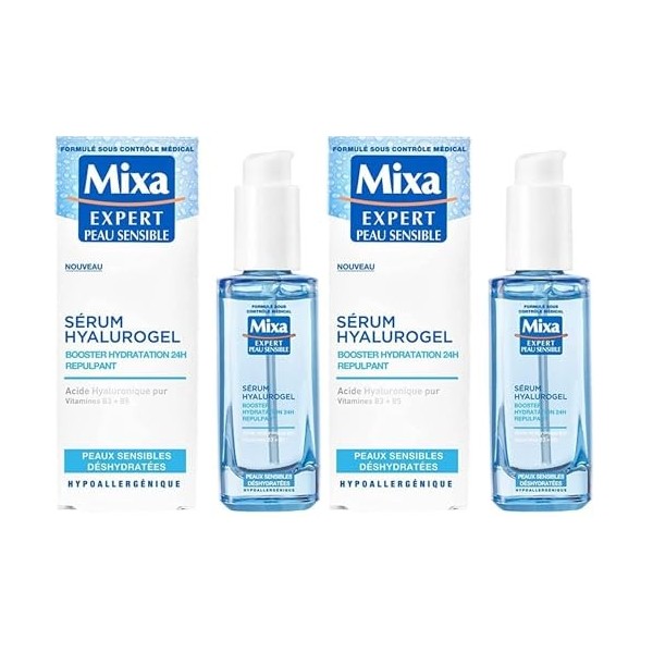 Mixa Expert Peau Sensible - Sérum Hyalurogel - Booster Hydratation 24h Repulpant - Acide Hyaluronique Pur, Vitamine B3 + B5 