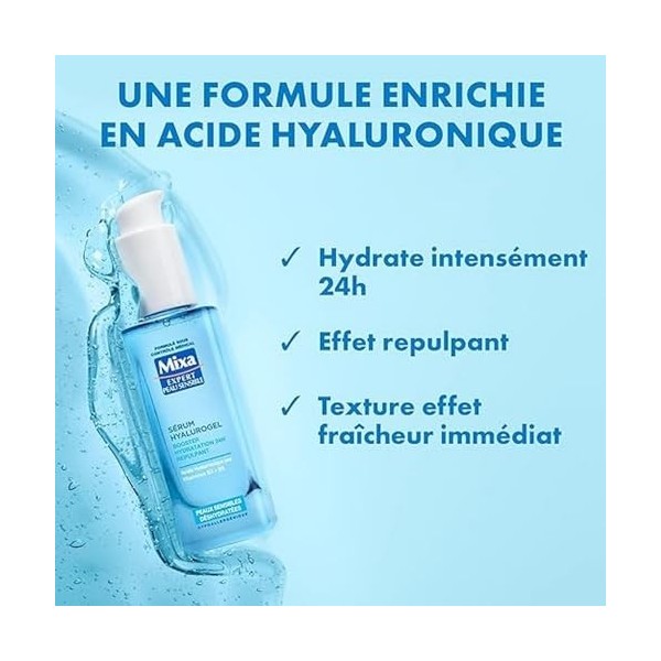 Mixa Expert Peau Sensible - Sérum Hyalurogel - Booster Hydratation 24h Repulpant - Acide Hyaluronique Pur, Vitamine B3 + B5 