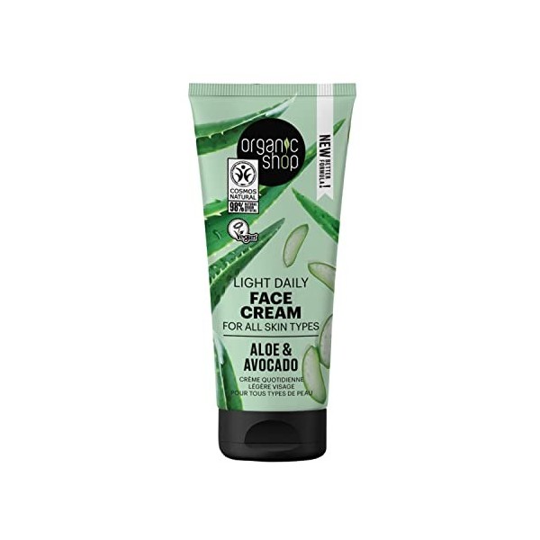 Organic Shop Crème quotidienne légère pour le visage pour tous les types de peau, avocat et aloe 50 ml Crème Jour et Nuit