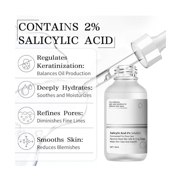 Solution à lAcide Salicylique 2%, Serum Acide Salicylique, Serum Anti Imperfection, Pour Peaux à Tendance Acnéique, Améliore ...