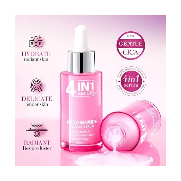 Sérum brillant 4 en 1 à la nicotinamide avec acide tranexamique, extrait de rose et vitamine E - Hydratant intensément - Abso